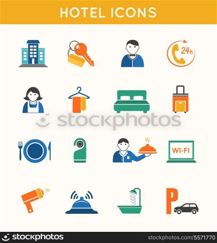 Hotel travel accommodation flat icons set of bath shower key card and luggage isolated vector illustration