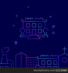 Hotel, travel resort gradient line vector icon, simple illustration on a dark blue background, cityscape buildings related bottom border.. Hotel, travel resort gradient line icon, buildings vector illustration