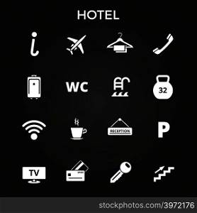 Hotel vector icons set on blackboard. Collection of white icons illustration. Hotel vector icons set on blackboard