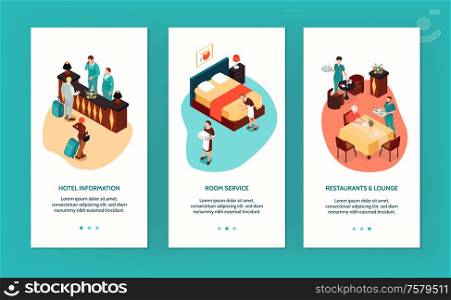 Hotel vertical banners with reception room service restaurant and lounge isometric compositions isolated vector illustration