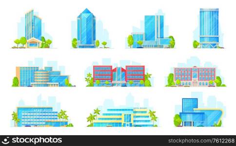 Hotels and business center buildings exterior isolated vector icons. Cartoon commercial and coworking center objects, modern city real estate skyscrapers and residential buildings, resort apart-hotels. Hotels and business center buildings icons