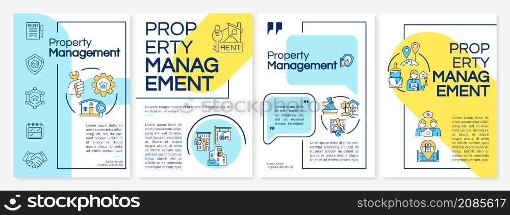Hotels property management blue and yellow brochure template. Booklet print design with linear icons. Vector layouts for presentation, annual reports, ads. Questrial-Regular, Lato-Regular fonts used. Hotels property management blue and yellow brochure template