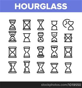 Hourglass Collection Elements Icons Set Vector Thin Line. Countdown Hourglass And Sandglass, Sand Clock Timer Or Watch Time Concept Linear Pictograms. Monochrome Contour Illustrations. Hourglass Collection Elements Icons Set Vector
