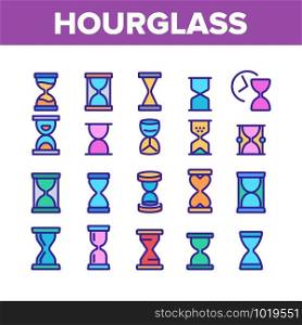 Hourglass Collection Elements Icons Set Vector Thin Line. Countdown Hourglass And Sandglass, Sand Clock Timer Or Watch Time Concept Linear Pictograms. Color Contour Illustrations. Hourglass Color Elements Icons Set Vector