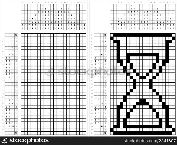 Hourglass Icon Nonogram Pixel Art, Hour Glass Icon, Sand Glass Icon Vector Art Illustration, Logic Puzzle Game Griddlers, Pic-A-Pix, Picture Paint By Numbers, Picross,