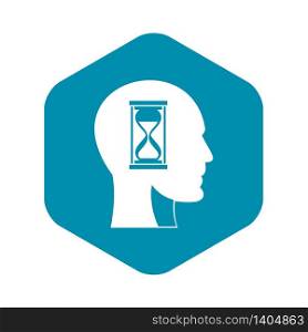 Hourglass in head icon. Simple illustration of hourglass in head vector icon for web. Hourglass in head icon, simple style