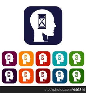 Hourglass in head icons set vector illustration in flat style In colors red, blue, green and other. Hourglass in head icons set flat