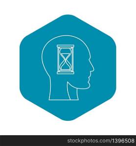 Hourglass inside human head icon. Outline illustration of hourglass inside human head vector icon for web. Hourglass inside human head icon, outline style