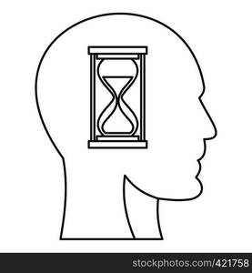 Hourglass inside human head icon. Outline illustration of hourglass inside human head vector icon for web. Hourglass inside human head icon, outline style