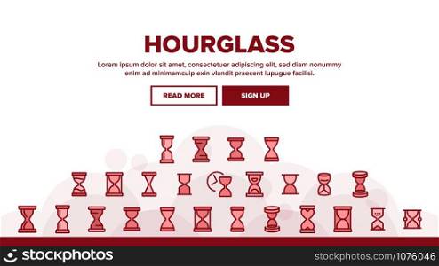 Hourglass Landing Web Page Header Banner Template Vector. Countdown Hourglass And Sandglass, Sand Clock Timer Or Watch Time Illustration. Hourglass Landing Header Vector