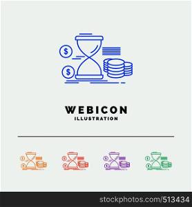Hourglass, management, money, time, coins 5 Color Line Web Icon Template isolated on white. Vector illustration. Vector EPS10 Abstract Template background