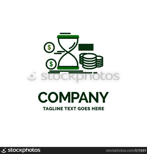 Hourglass, management, money, time, coins Flat Business Logo template. Creative Green Brand Name Design.