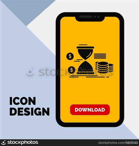 Hourglass, management, money, time, coins Glyph Icon in Mobile for Download Page. Yellow Background. Vector EPS10 Abstract Template background