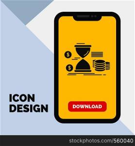 Hourglass, management, money, time, coins Glyph Icon in Mobile for Download Page. Yellow Background. Vector EPS10 Abstract Template background