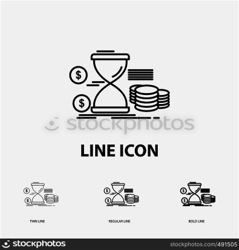 Hourglass, management, money, time, coins Icon in Thin, Regular and Bold Line Style. Vector illustration. Vector EPS10 Abstract Template background