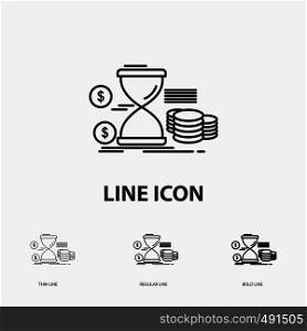 Hourglass, management, money, time, coins Icon in Thin, Regular and Bold Line Style. Vector illustration. Vector EPS10 Abstract Template background