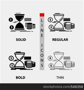 Hourglass, management, money, time, coins Icon in Thin, Regular, Bold Line and Glyph Style. Vector illustration. Vector EPS10 Abstract Template background