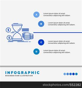 Hourglass, management, money, time, coins Infographics Template for Website and Presentation. Line Blue icon infographic style vector illustration. Vector EPS10 Abstract Template background