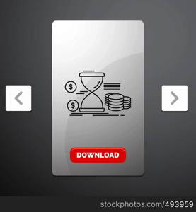 Hourglass, management, money, time, coins Line Icon in Carousal Pagination Slider Design & Red Download Button. Vector EPS10 Abstract Template background