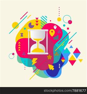 Hourglass on abstract colorful spotted background with different elements. Flat design.