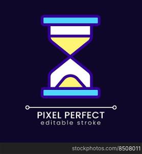 Hourglass pixel perfect RGB color icon for dark theme. Loading time. Waiting period. Expiration and finishing. Simple filled line drawing on night mode background. Editable stroke. Poppins font used. Hourglass pixel perfect RGB color icon for dark theme