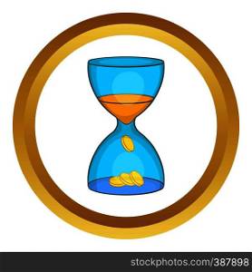 Hourglass, time is money vector icon in golden circle, cartoon style isolated on white background. Hourglass, time is money vector icon