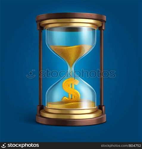 Hourglass with flowing sand and dollar currency sign. Time is money vector concept. Finance and clock, sand flow illustration. Hourglass with flowing sand and dollar currency sign. Time is money vector concept