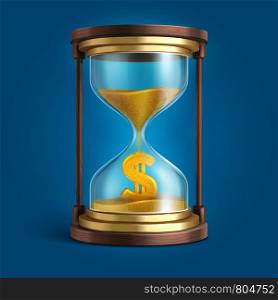 Hourglass with flowing sand and dollar currency sign. Time is money vector concept. Finance and clock, sand flow illustration. Hourglass with flowing sand and dollar currency sign. Time is money vector concept