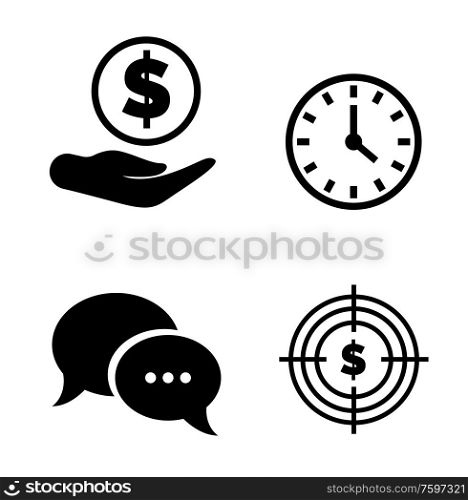 Hours and dollar target, message symbol, black finance object in flat design style, hands with money, round clock, commercial element, technology vector. Money and Time, Chat and Dollar Target Vector