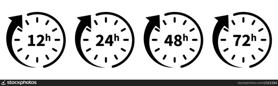 Hours clocks with arrow. 12, 24, 48, 72 work time icons. Hour delivery and service. Vector illustration.. Hours clocks with arrow. 12, 24, 48, 72 work time icons.