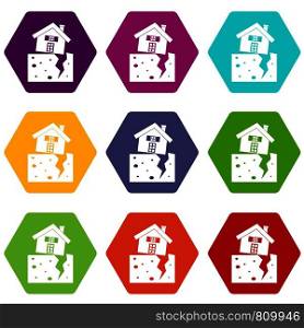 House after an earthquake icon set many color hexahedron isolated on white vector illustration. House after an earthquake icon set color hexahedron