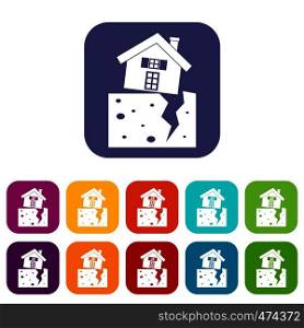 House after an earthquake icons set vector illustration in flat style In colors red, blue, green and other. House after an earthquake icons set