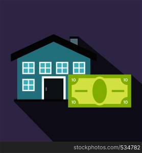 House and banknote icon in flat style on a violet background. House and banknote icon, flat style