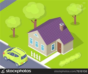 House and car, 3d view of building decorated by windows, door and roof with chimney, green yard, trees outdoor, parked car near house, cottage vector. Parked Auto, House and Green Yard, Exterior Vector