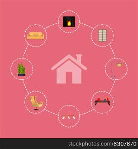 House and icons, interior poster, image of home, fireplace and sofa, plant and armchair, table with candle and cup, isolated on vector illustration. House and Icon Interior Poster Vector Illustration