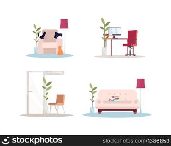 House and office empty interior semi flat RGB color vector illustrations set. Corporate hall near conference room. Office workplace. Couch in home. Furniture isolated cartoon items on white background. House and office empty interior semi flat RGB color vector illustrations set