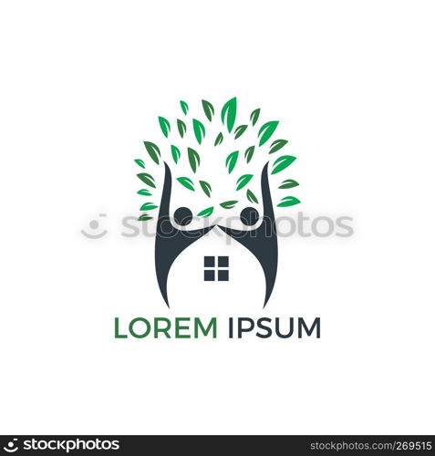 House and people logo design. Tree House and joyful people vector logo template.