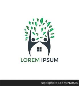 House and people logo design. Tree House and joyful people vector logo template.