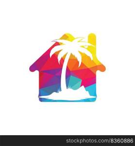 House and the beach with palm tree vector logo design. Beach house logo design. 