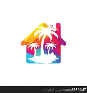 House and the beach with palm tree vector logo design. Beach house logo design. 
