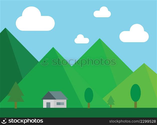 House and tree in front of green mountain and clouds on blue sky illustration vector