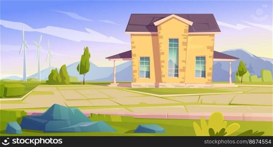 House and wind turbines. Eco friendly power generation, green energy concept. Vector cartoon landscape with mountains on background, modern cottage and windmills. Vector landscape with house and wind turbines