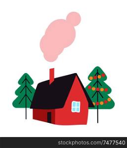 House and winter trees decorated with toys isolated set vector. Evergreen pine plants symbols of Christmas seasonal holiday. Home with chimney smoke. House and Winter Trees Decorated Isolated Vector