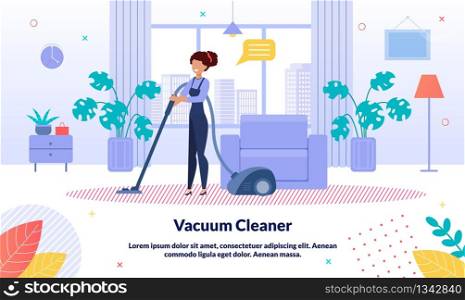House, Apartment or Office Cleaning Service Trendy Vector Advertising Banner, Promo Poster Template. Female Worker in Overall, Hotel Attendant Cleaning Room Floor with Vacuum Cleaner Illustration