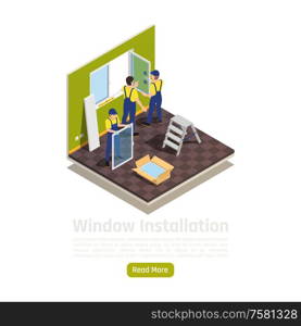 House apartment room renovation isometric interior view with glass panes replacement new pvc window installation vector illustration