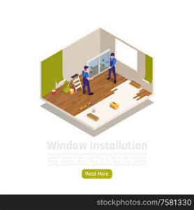 House apartment room renovation remodeling isometric interior view with pvc glass window installation web page vector illustration