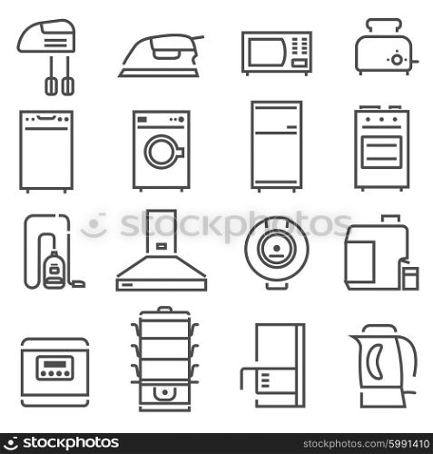 House Appliances Black White Icons Set . House appliances black white line icons set with washing machine and toaster flat isolated vector illustration