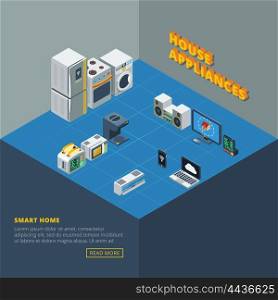 House Appliances Set Isometric. House appliances set isometric in abstract room grouped by its use and functions vector illustration