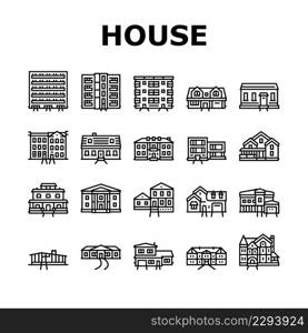 House Architectural Exterior Icons Set Vector. Cape Cod And Condo, Greek Revival And Victorian House, Apartment And Craftsman Building, Ranch And Farmhouse Line. Black Contour Illustrations. House Architectural Exterior Icons Set Vector