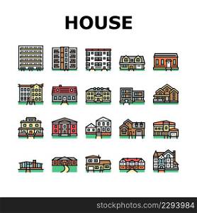 House Architectural Exterior Icons Set Vector. Cape Cod And Condo, Greek Revival And Victorian House, Apartment And Craftsman Building, Ranch And Farmhouse Line. Color Illustrations. House Architectural Exterior Icons Set Vector